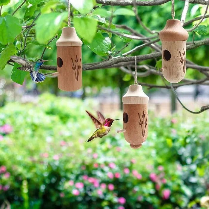 Wooden Hummingbird House — Natural Wood Garden Décor