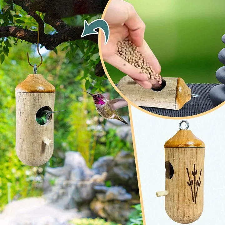 Wooden Hummingbird House — Natural Wood Garden Décor