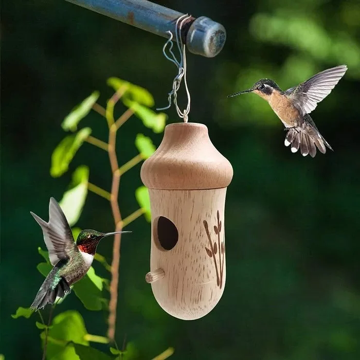 Wooden Hummingbird House — Natural Wood Garden Décor